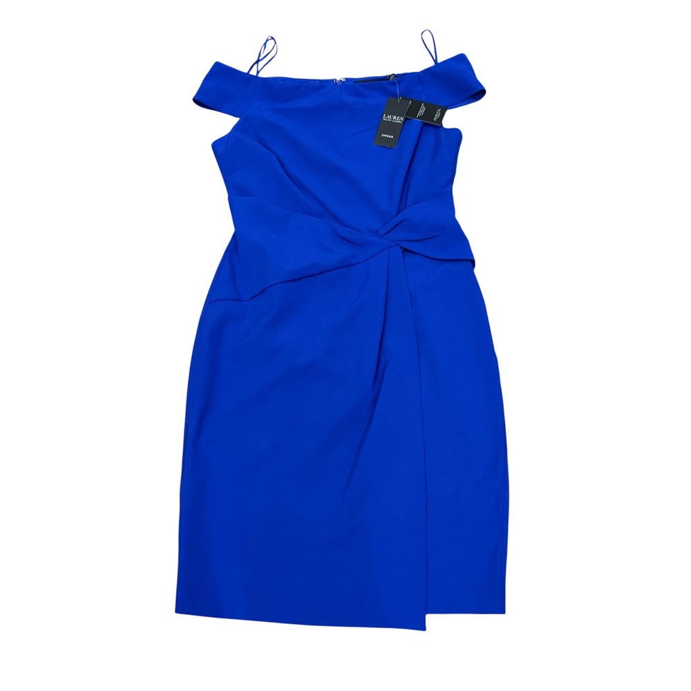 Lauren Ralph Lauren Royal Blue Off Shoulder Faux Wrap Crepe Cocktail Dress 8 NWT